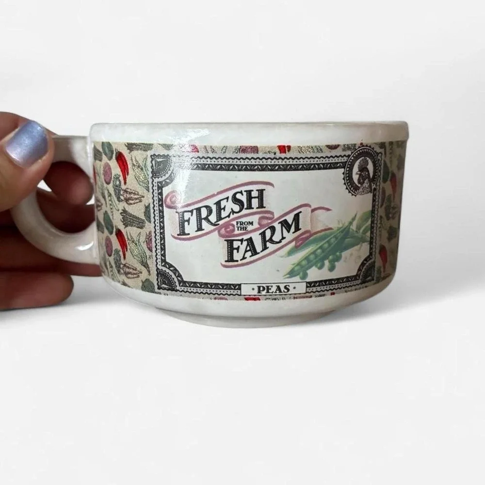 Farmhouse coffee mug off-white ceramic w/ Farm Fresh Farm Peas /Carrots graphic
